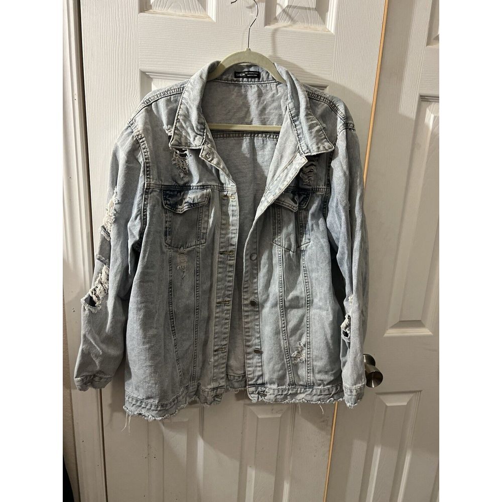 shein‎ denim jacket destroyed longer Size Large light wash women Jean